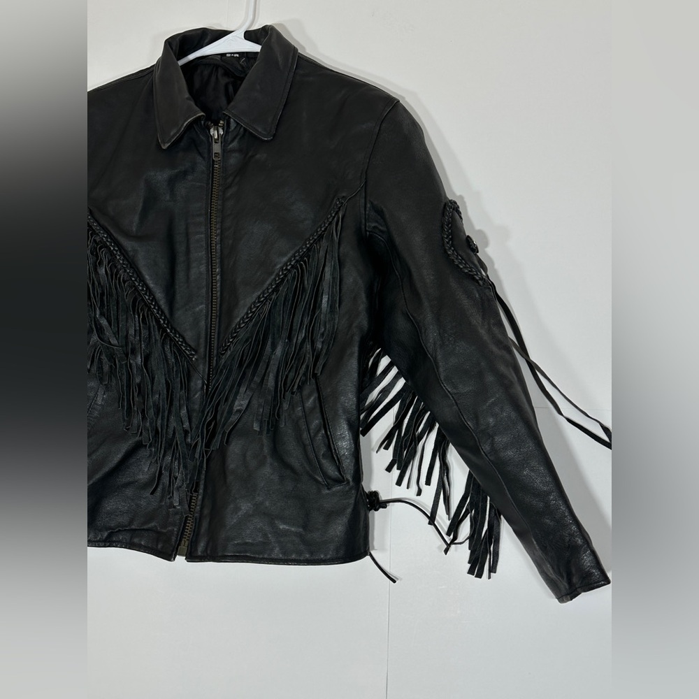 Fringed Black Leather Motorcycle Jacket Vintage Biker Women Medium 1990s Western - Picture 5 of 15